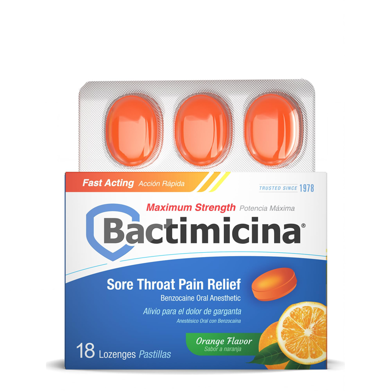 Bactimicina Sore Throat Lozenges Orange Flavor Box view 1