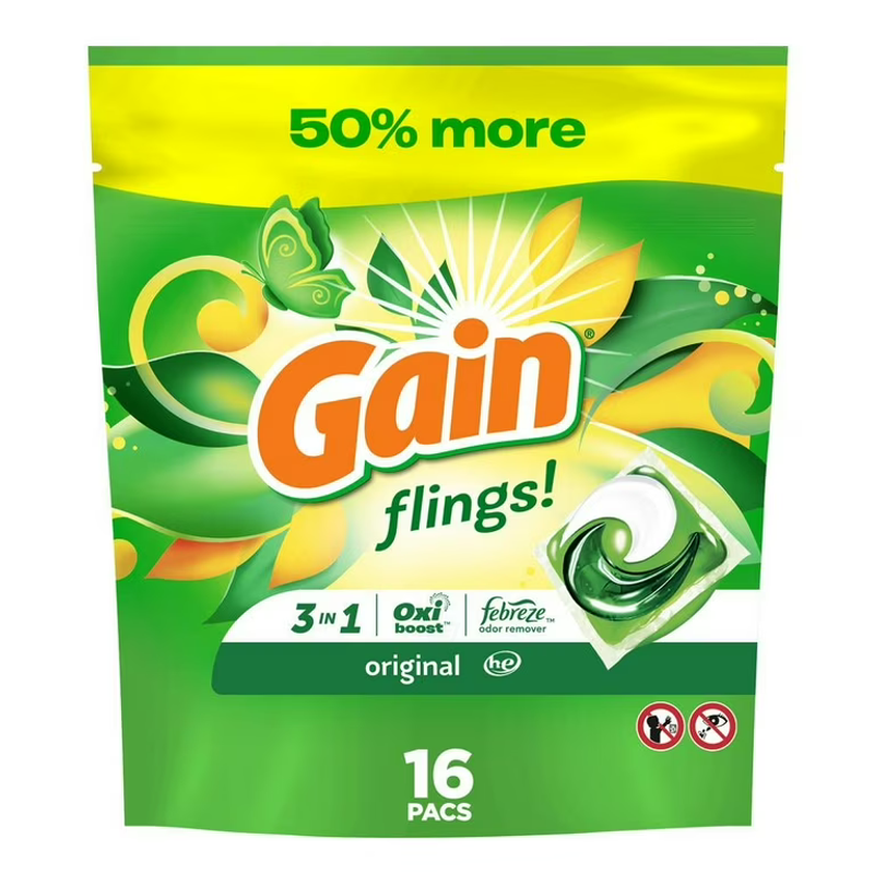 Gain Flings Original Scent Laundry Detergent Pacs 16ct Bags