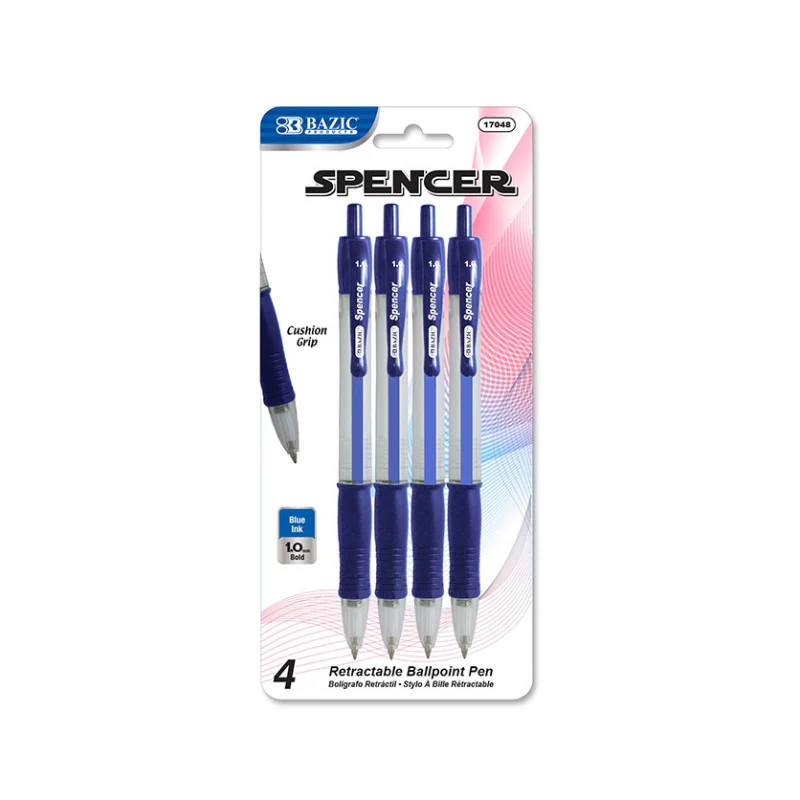 Bazic Spencer Blue Retractable Pen w/ Cushion Grip 4-Pack