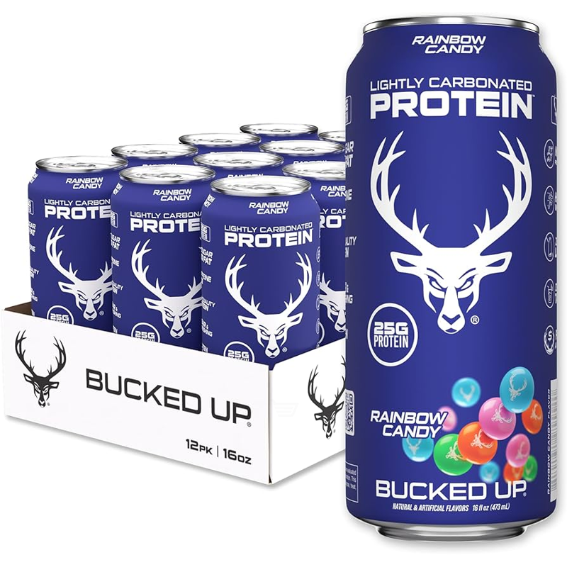 Bucked Up Lightly Carbonated Protein Drink Rainbow Candy 16oz Can