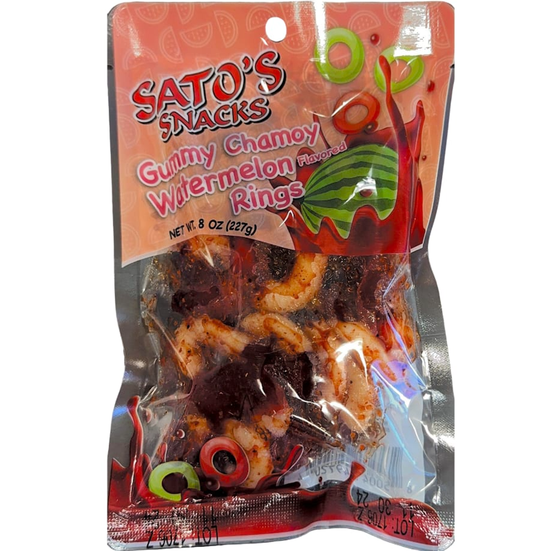 Satos Snacks Gummy Chamoy Watermelon Rings 8oz Bag