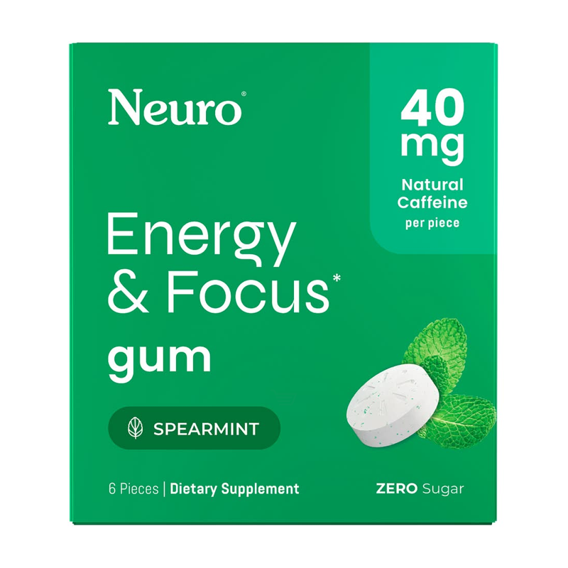 Neuro Energy & Focus Gum Peppermint 6ct 40mg caffeine per piece Boxs
