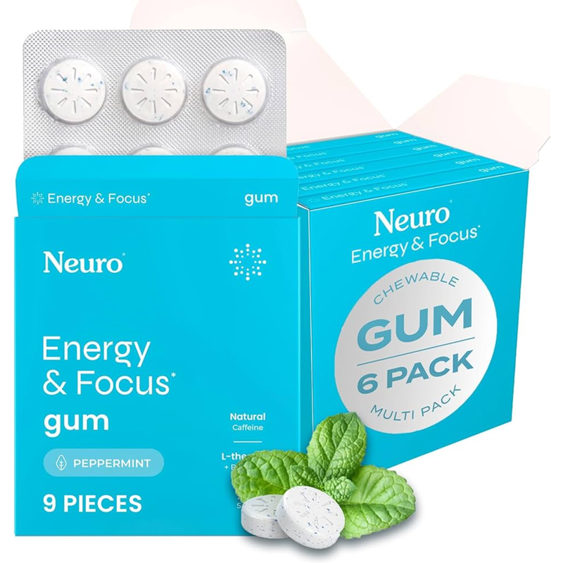 Neuro Energy & Focus Caffeine Gum Peppermint 6 count pack Boxs